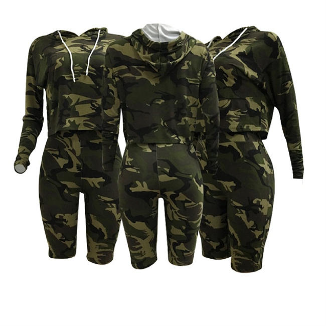 Women Sexy 2 Piece Jumpsuit Sportswear Camo Hoody Pants Set Tracksuit