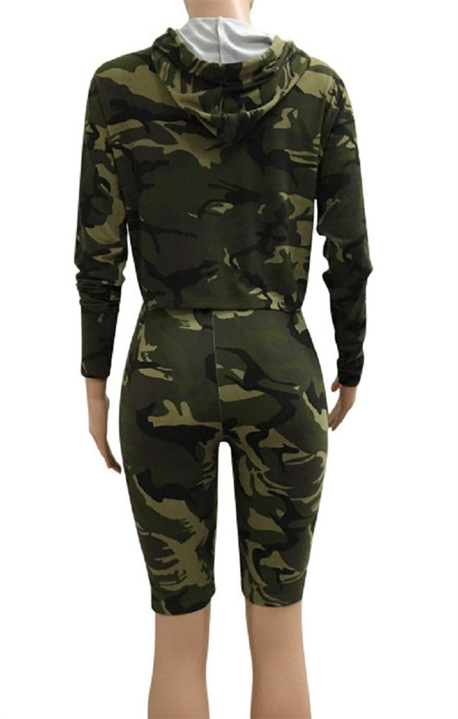 Women Sexy 2 Piece Jumpsuit Sportswear Camo Hoody Pants Set Tracksuit